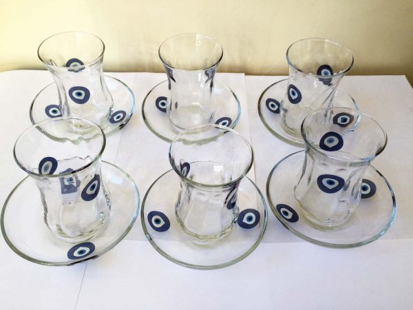 Designer Turkish Tea Glasses Elegant Cay Bardagi Cups Saucers Evil Eye